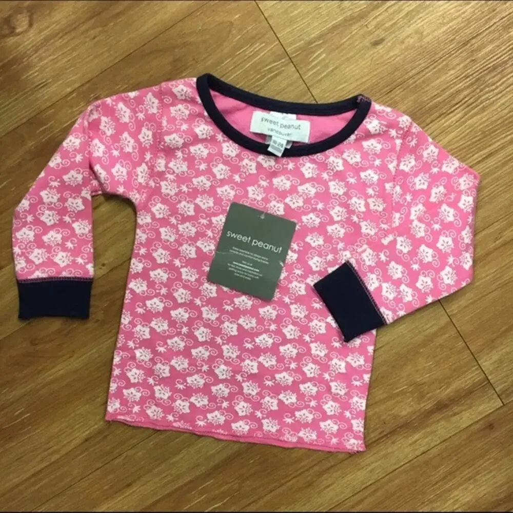Sweet Peanut Girls Top Sz 18-24 Mo Pink White Navy Blue Flowers Knit Long Sleeve